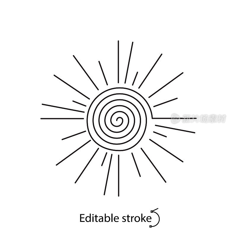 太阳大纲标志。催眠的概念。最小的晴朗的象征。波西米亚的迹象。可编辑的中风。孤立的矢量图