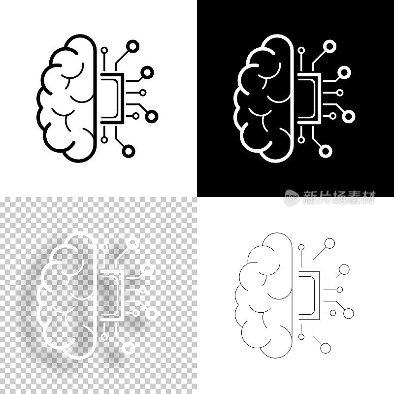 半脑带电路板。图标设计。空白，白色和黑色背景-线图标