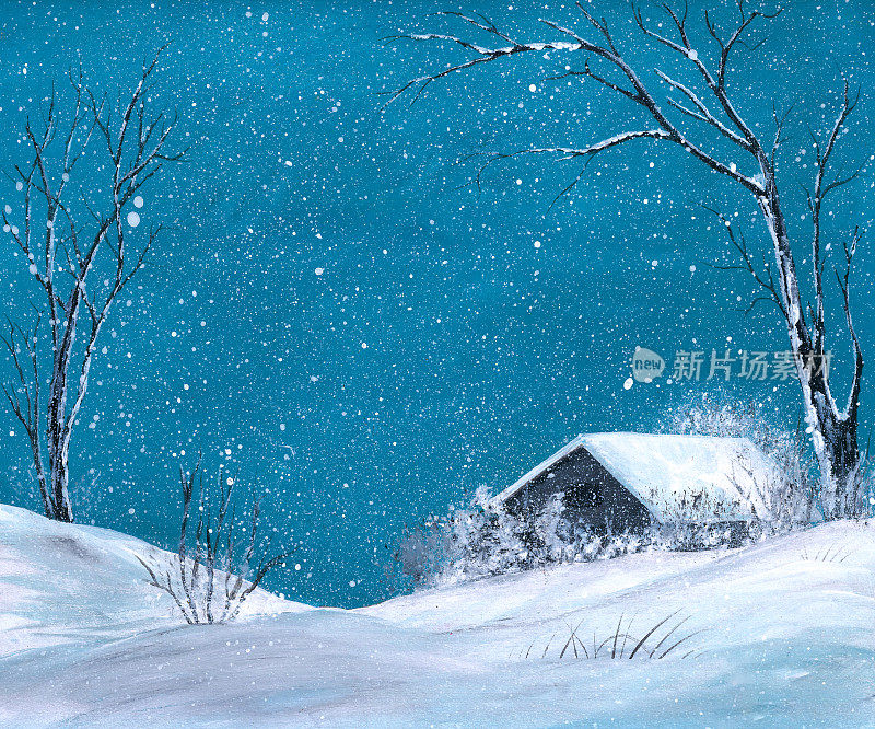 雪景丙烯画。