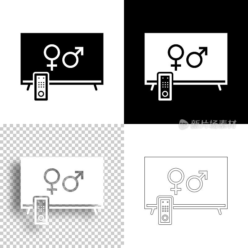 带有性别符号的电视。图标设计。空白，白色和黑色背景-线图标