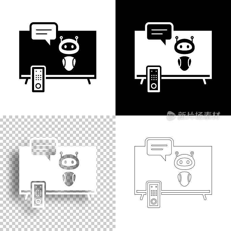 电视聊天机器人。图标设计。空白，白色和黑色背景-线图标