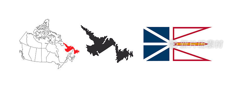 纽芬兰和拉布拉多地图。纽芬兰和拉布拉多的国旗。加拿大的省和地区。矢量图