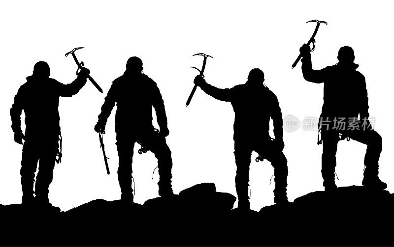 四个黑色的登山者，手里拿着冰斧