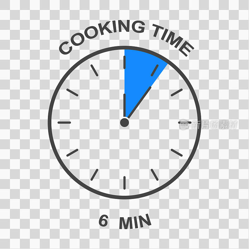 烹饪时间图标。时钟面与6分钟时间间隔。简单计时器的象征。食品制备说明信息图元素