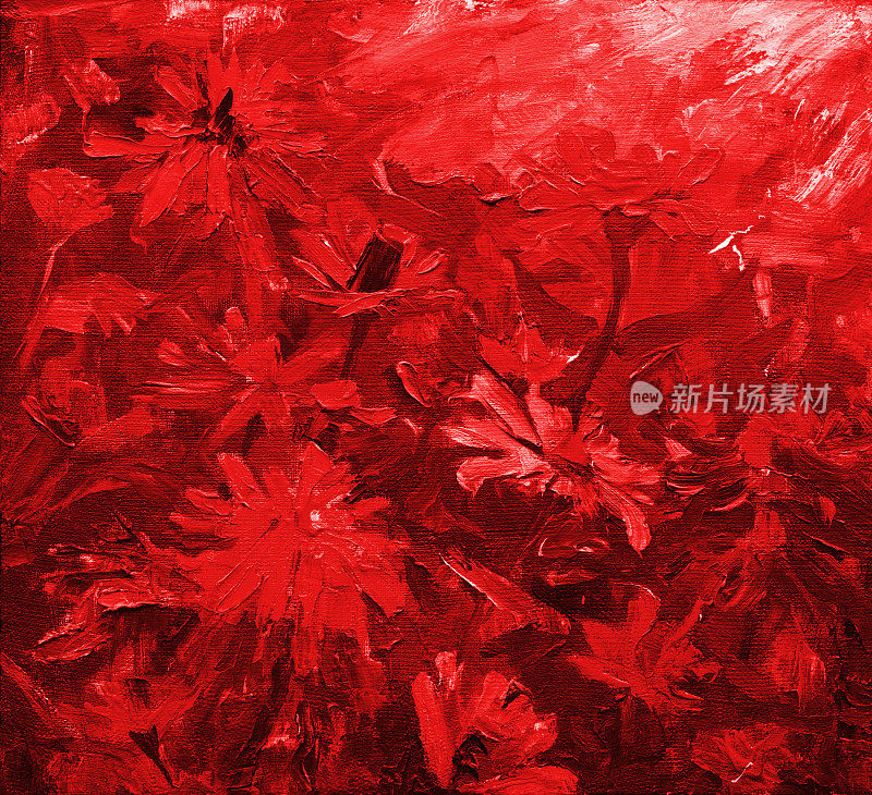 插图油画在红色的风景花百日草优雅的植物床上其他花蕾的叶柄