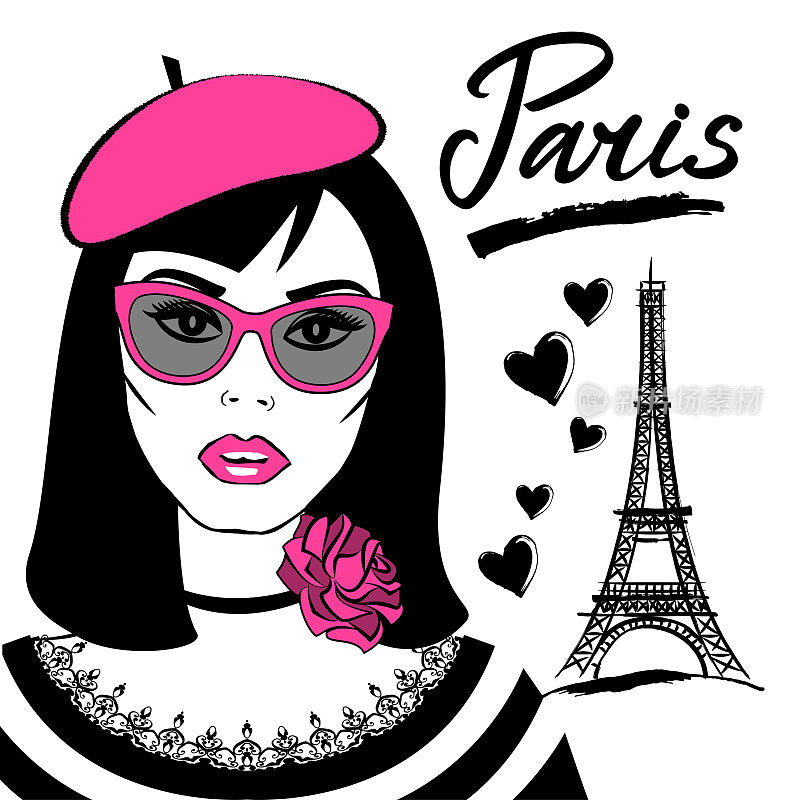 美丽的女孩戴着象征法国埃菲尔铁塔的太阳镜。时尚年轻女子和法国首都巴黎。向量速写插图。