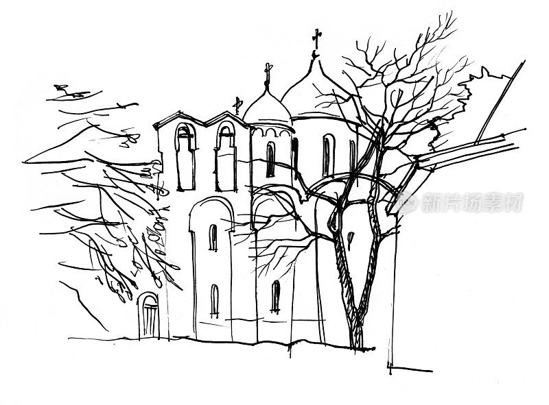俄罗斯诺夫哥罗德市，黑白墨水和钢笔手绘的建筑景观，带有钟楼墙的教堂