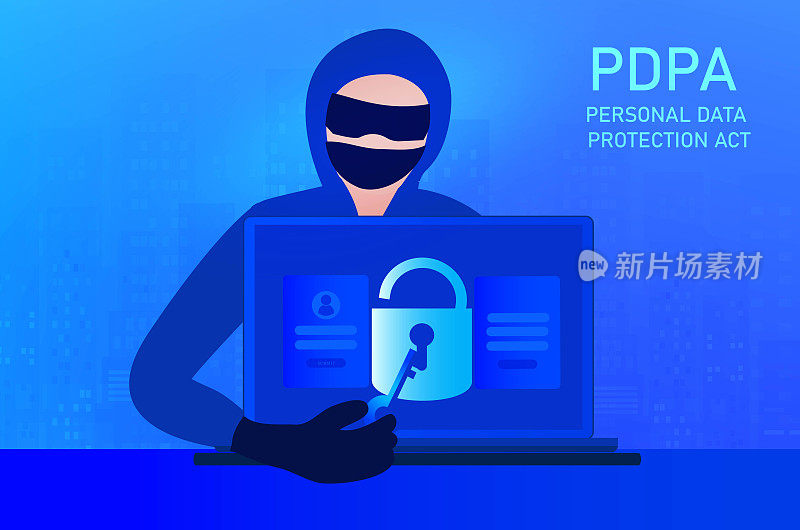 个人数据保护法案或PDPA概念，黑客试图解锁计算机密码矢量插图