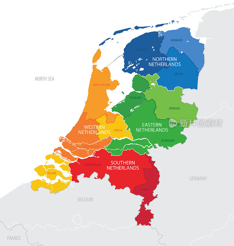 荷兰地图用国家行政区划划分成省的区域组，详细矢量插图