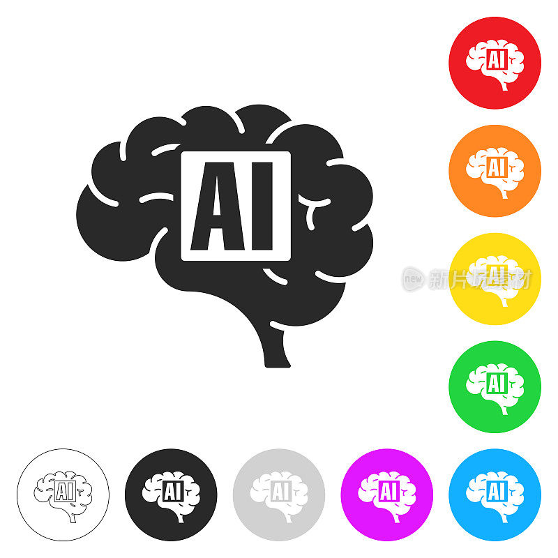 人类的大脑带有人工智能AI。彩色按钮上的图标