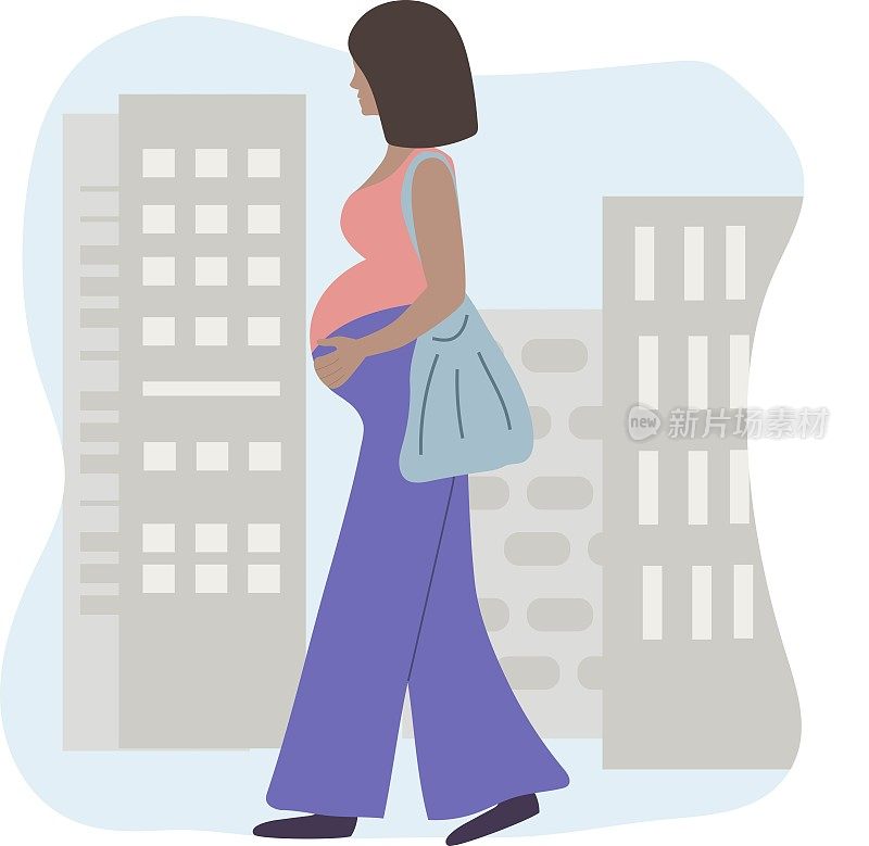 孕妇行走在城市，怀孕和母亲矢量平面插图