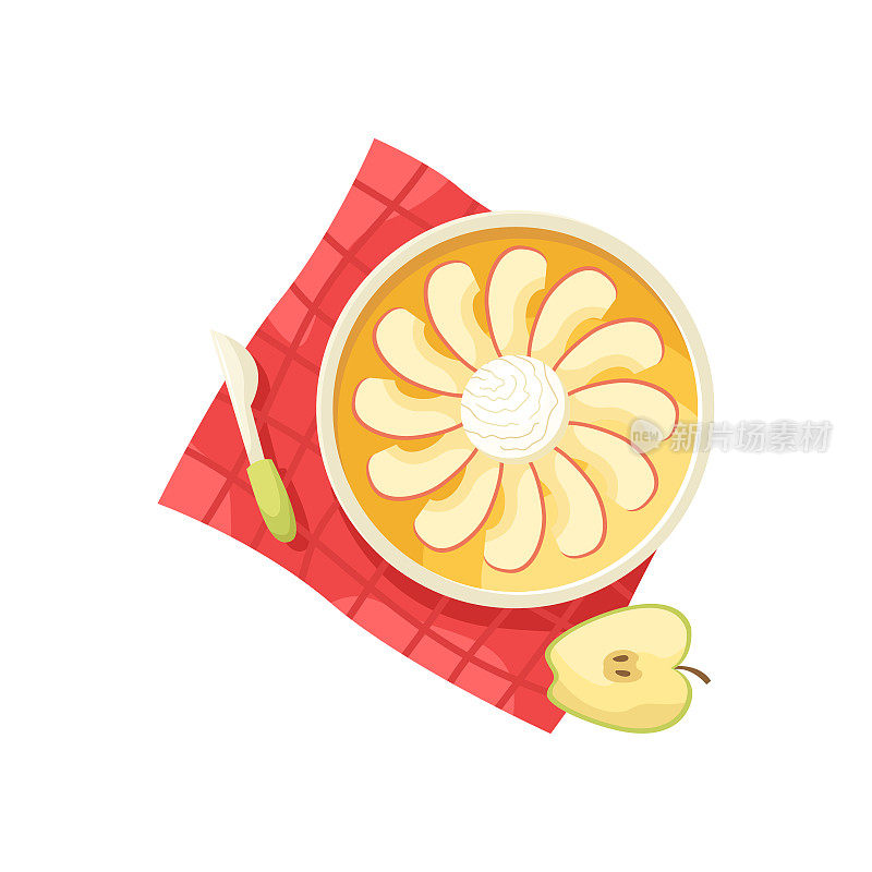 矢量插图的苹果派与一个冰淇淋球在一个红色的桌布。平躺