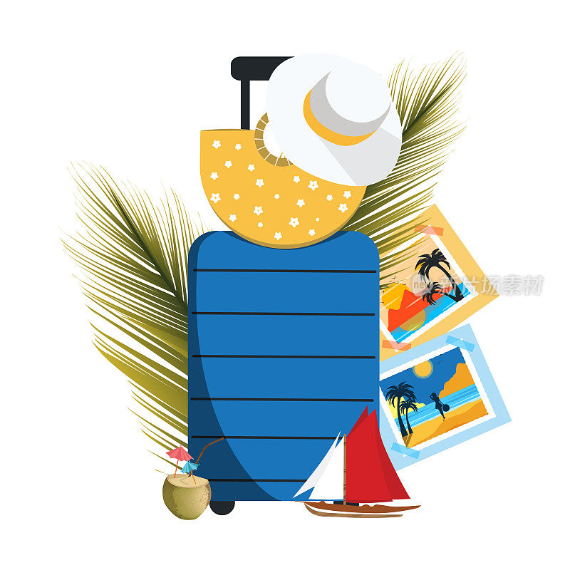 矢量插图世界旅游日概念度假旅行热带旅行箱棕榈帽