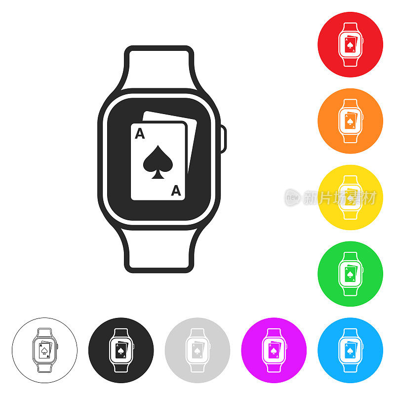 智能手表与扑克牌。彩色按钮上的图标