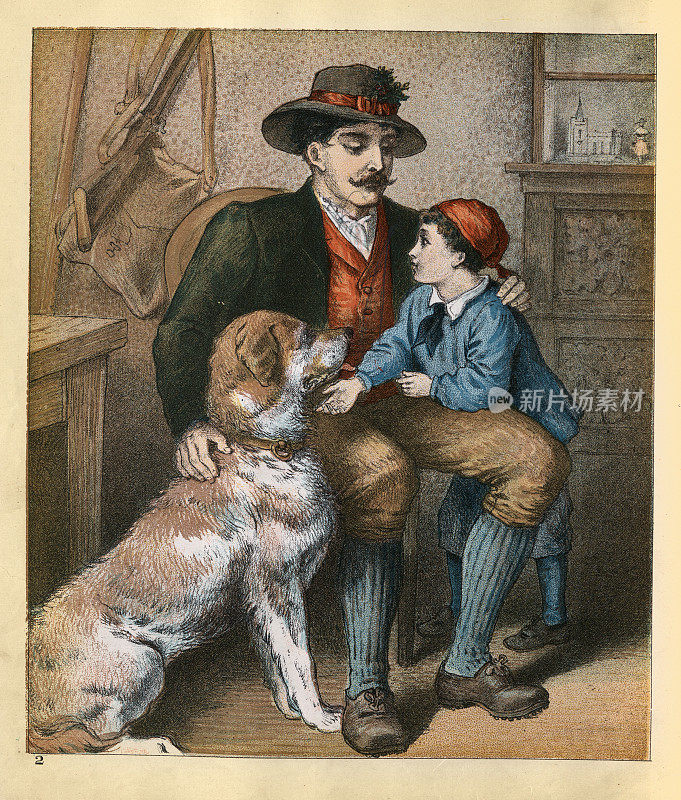 穿着传统瑞士服装的男人，父亲和儿子，宠物狗，维多利亚1880年代，19世纪