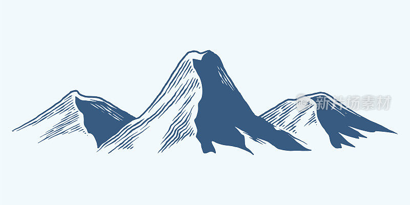 三手绘山丘陵高原草图插图孤立在白色背景。