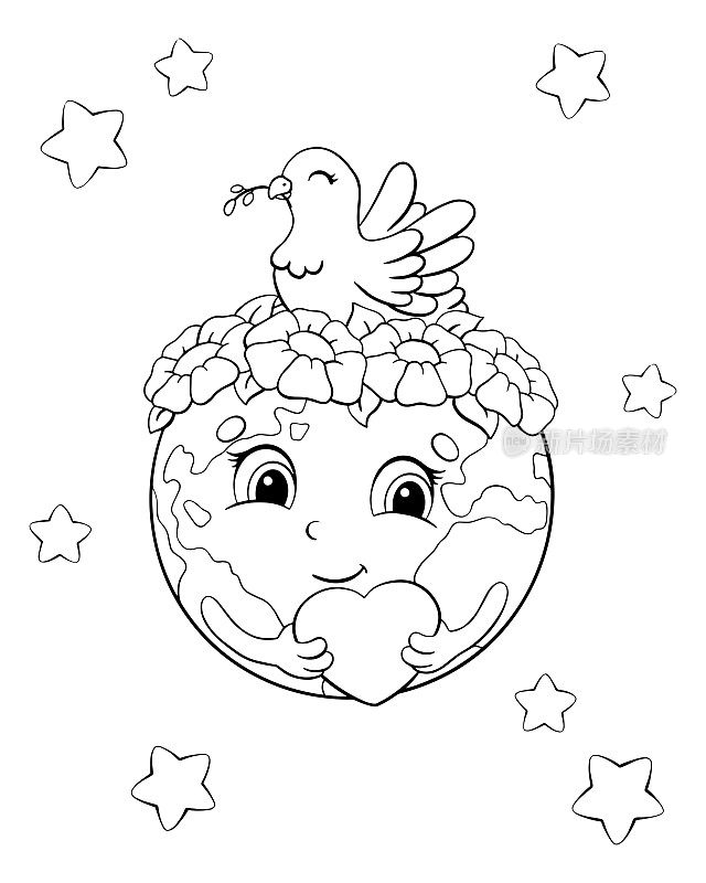 可爱的地球手握一颗心。它的头上有一个花环和一只象征和平的鸽子。儿童涂色书页面。矢量插图孤立在白色背景上。