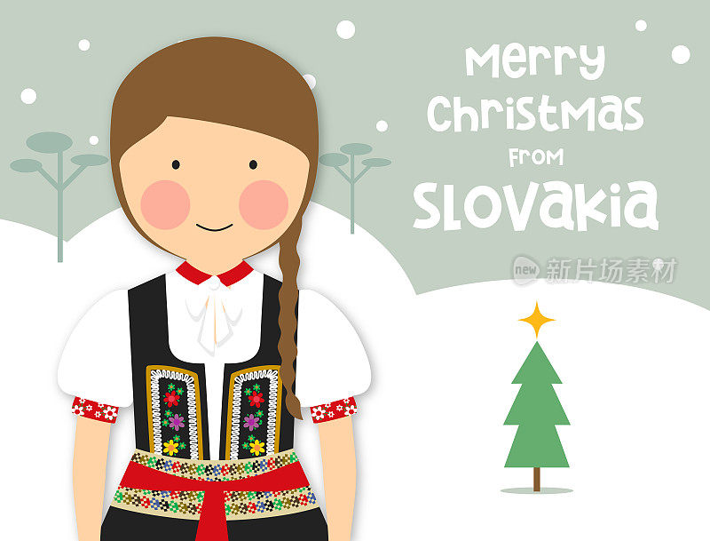 圣诞贺卡传统服装少女斯洛伐克