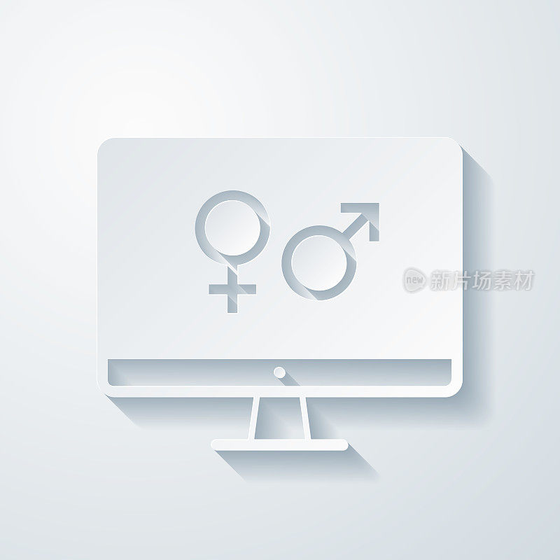 带有性别符号的台式电脑。空白背景上剪纸效果的图标