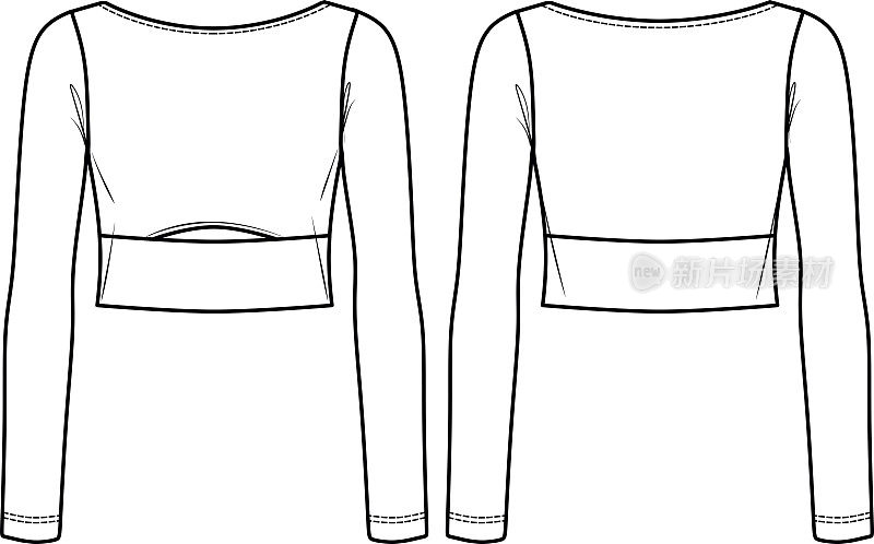 矢量裁剪长袖t恤时尚CAD，女人冬季船颈顶技术图纸，模板，草图，平。针织露脐上衣，前后视图，白色