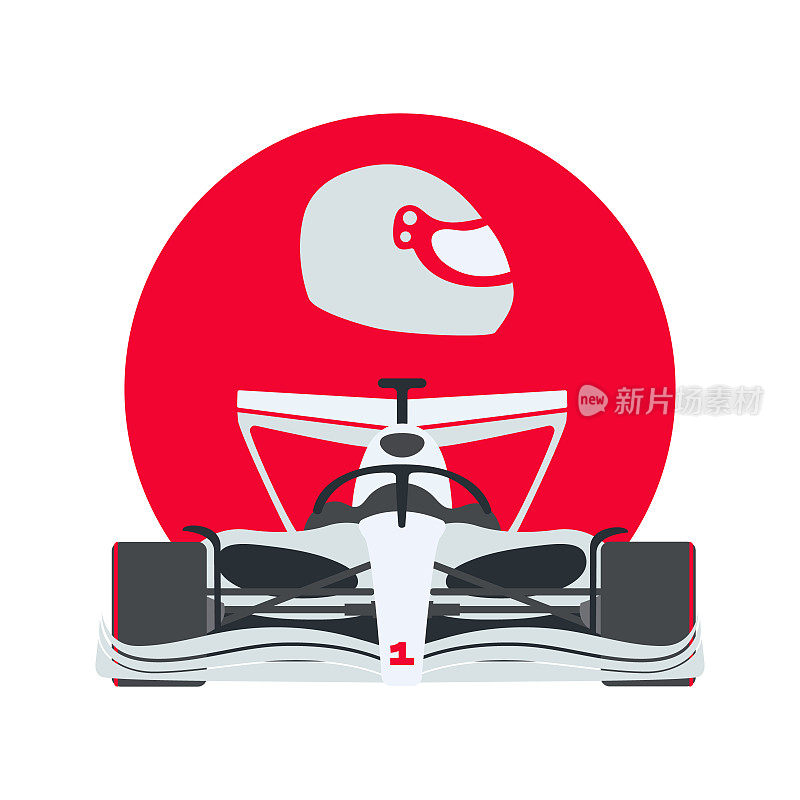 一辆白色F1赛车的插图，背景是一个红色的圆圈，上面有一个头盔。完成比赛。矢量图