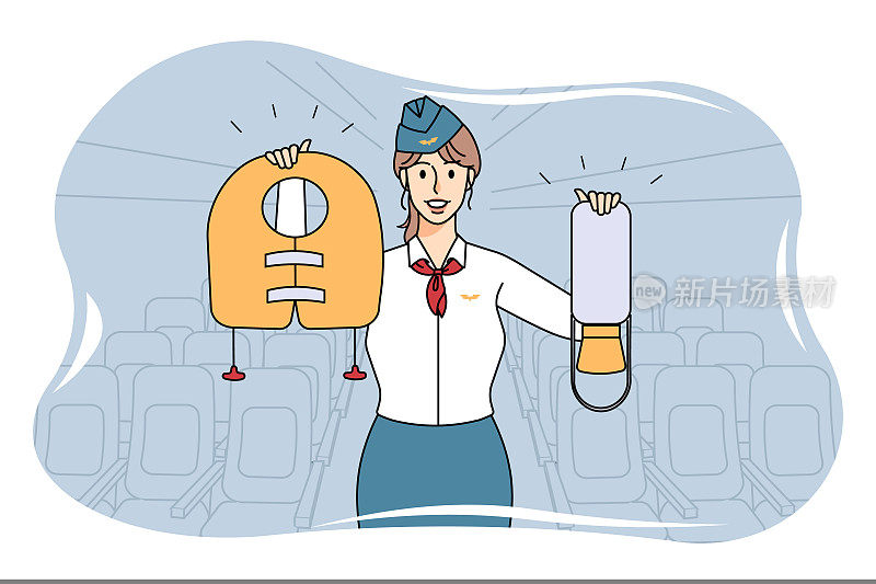 微笑的空姐在飞机上展示安全