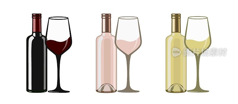 白色，红色和玫瑰葡萄酒瓶和玻璃杯，平面风格矢量插图孤立在白色背景