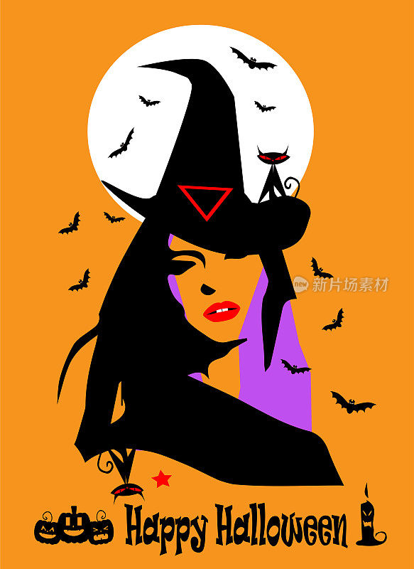 性感的黑猫女巫。万圣节背景橙色