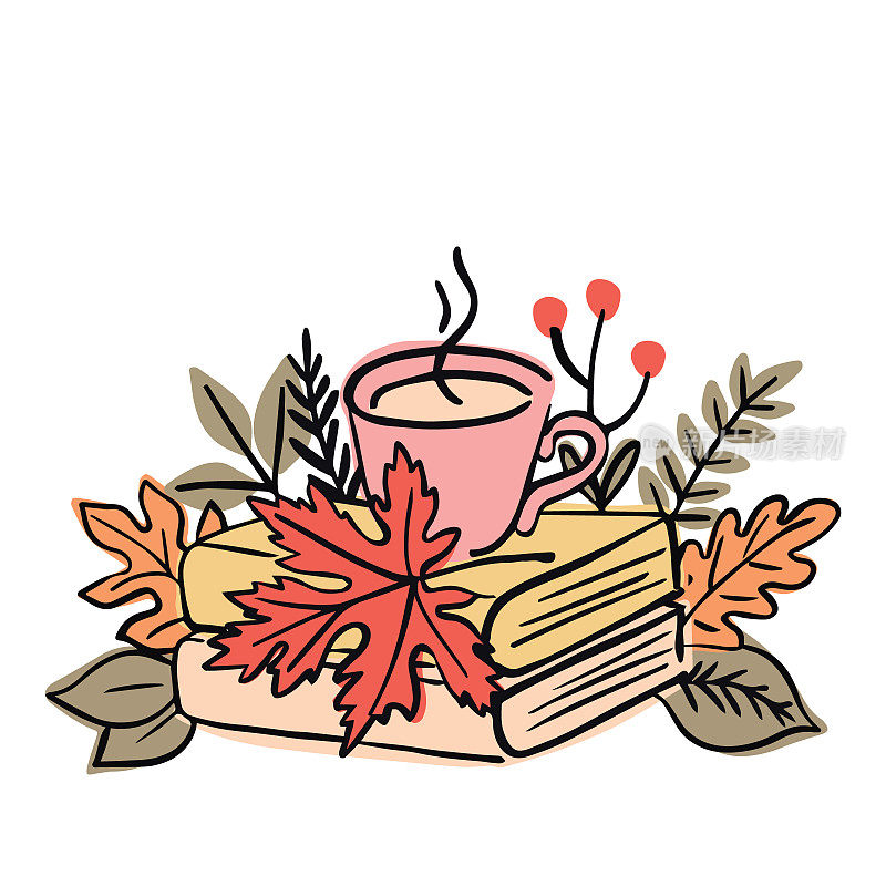 书和杯子被树叶和树枝包围着。秋天的心情。手绘矢量插图贴纸，图标，明信片。