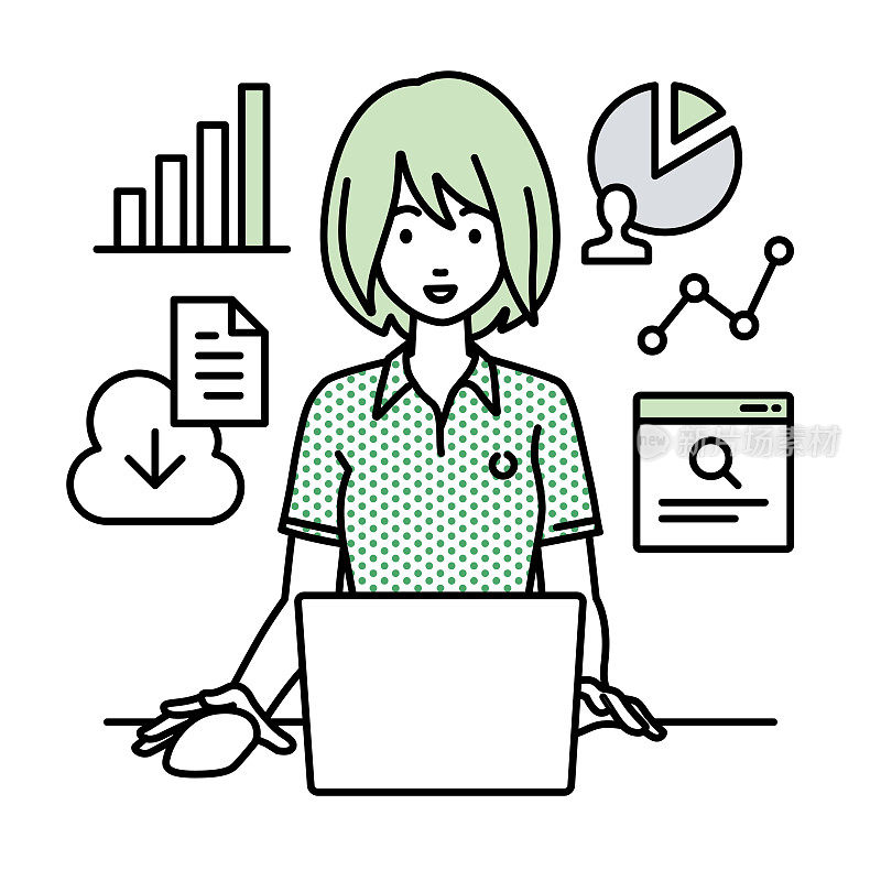 一名身穿polo衫的女子正坐在办公桌前，用笔记本电脑浏览网站、进行研究、在云端共享文件、分析和做报告