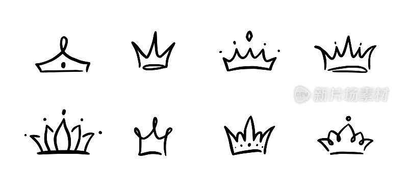 涂鸦冠手绘套装。涂鸦公主王冠，女王王冠。线条素描皇家元素。王后、国王手绘简单的设计元素。孤立的