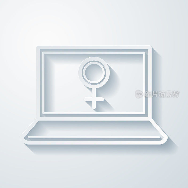 有女性符号的笔记本电脑。空白背景上剪纸效果的图标