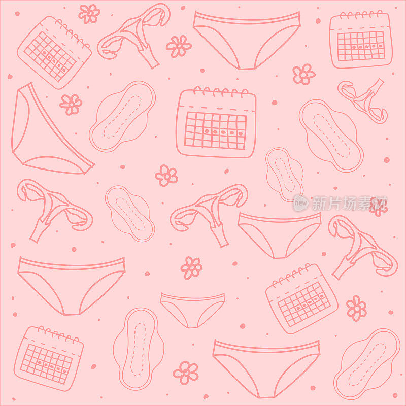 向量背景与符号女性月经卫生巾，内裤，日历，子宫
