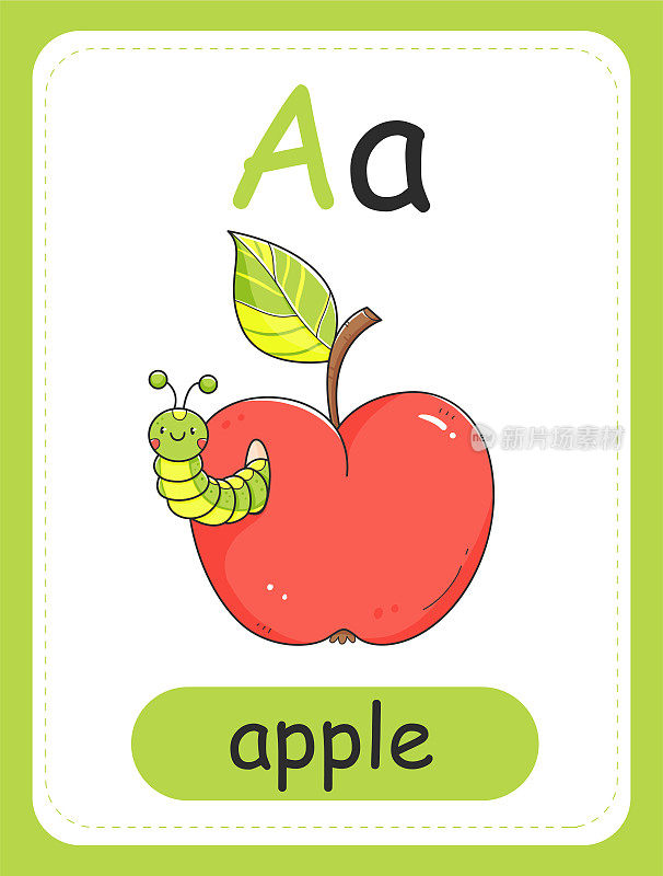 儿童字母卡，上面有字母A，苹果上有毛毛虫。儿童教育卡。单词apple，英文字母。
