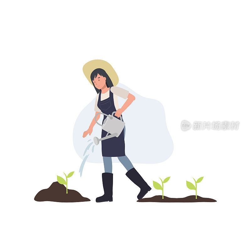 女农民给花园浇水。女园丁工作，种田，种菜和浇水。农业景观与农民载体概念。