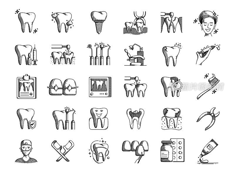 牙科手绘矢量涂鸦线图标集