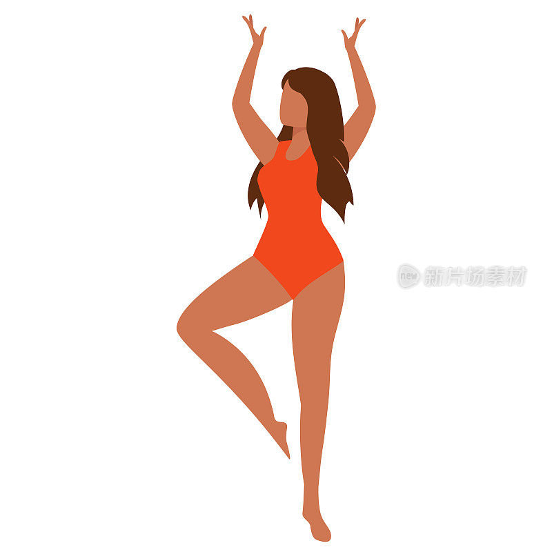 年轻美丽的拉丁女子在比基尼pose。穿着红色泳衣的女人在跳舞。