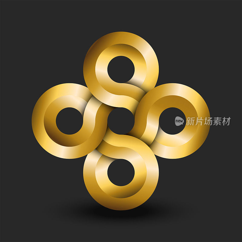 无尽的3d标志由五个金色圆圈重叠无限的几何形状，金色渐变无限的符号为珠宝车间或商店。