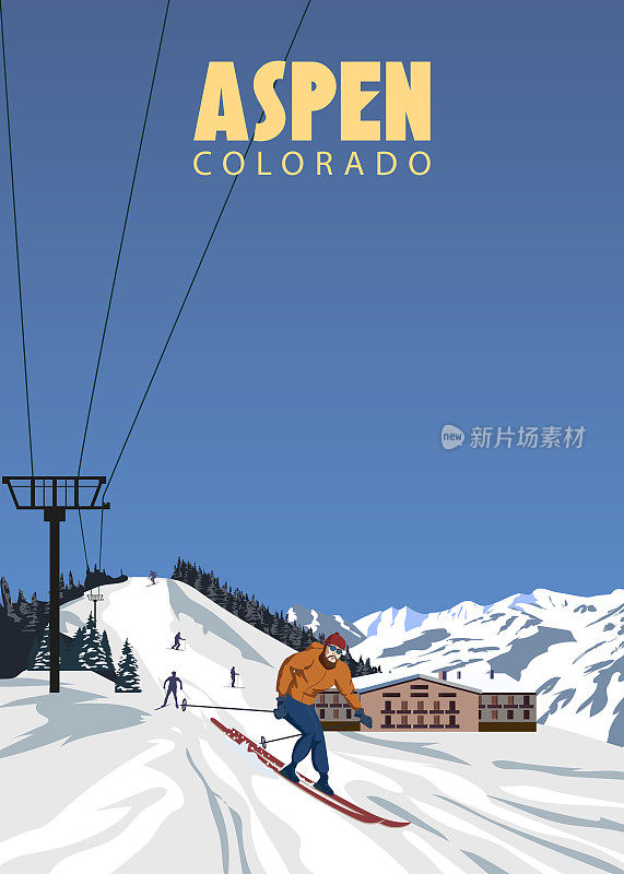 阿斯彭滑雪旅游胜地海报复古。美国科罗拉多冬季风景旅游卡