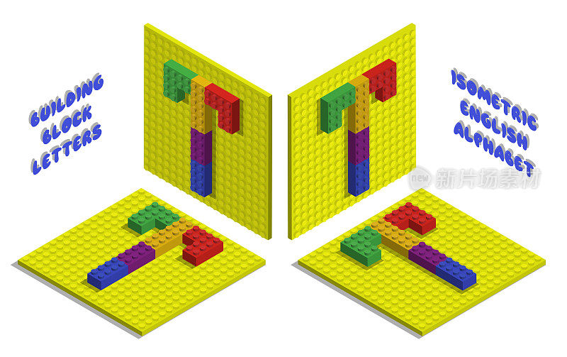 字母t的等距玩具砖，用于儿童海报和游戏。ABC排版。现实的三维矢量隔离在白色背景上