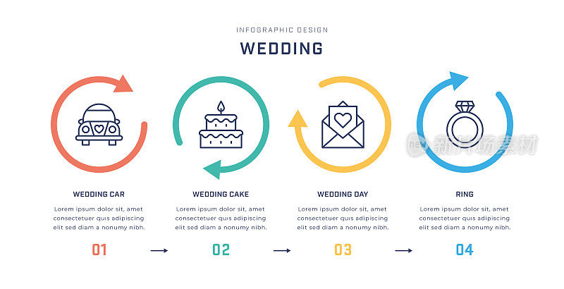 婚礼彩色信息图表模板与线图标