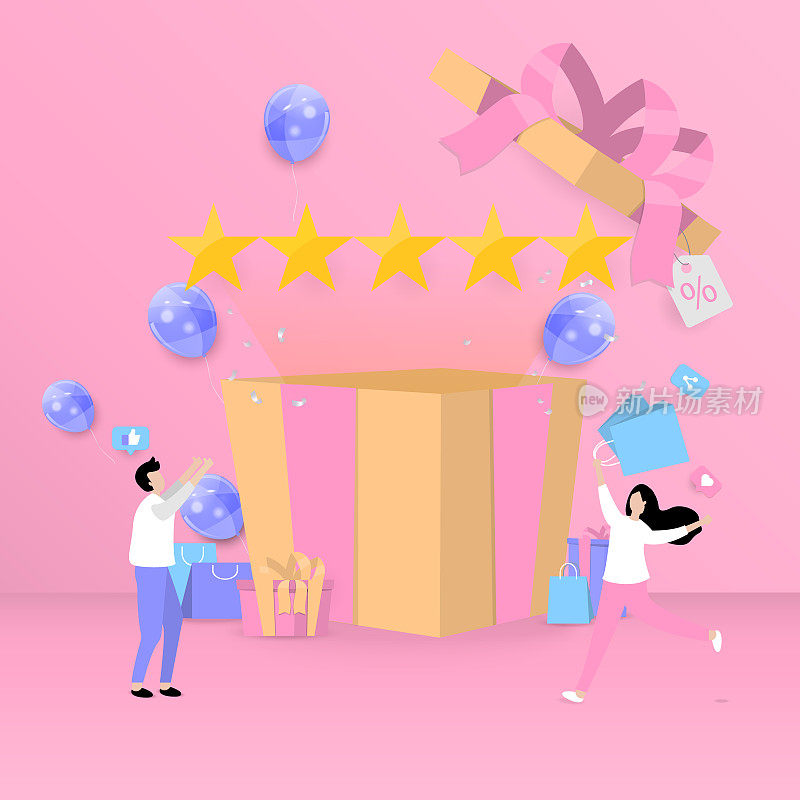 星星与礼品盒和粉色背景上的人
