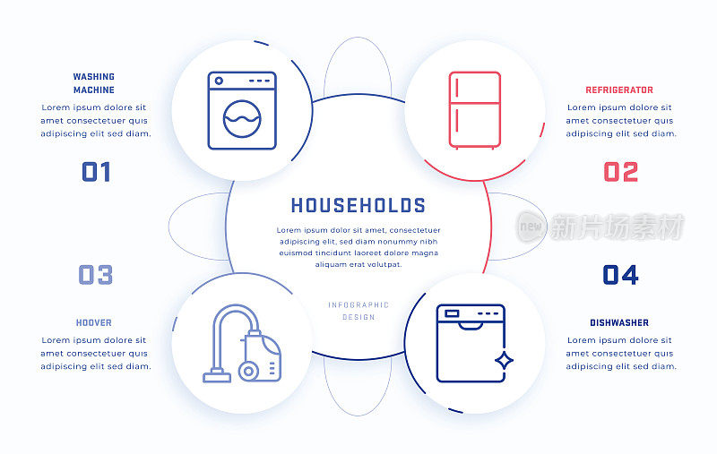 家庭四步信息图形设计模板与线图标