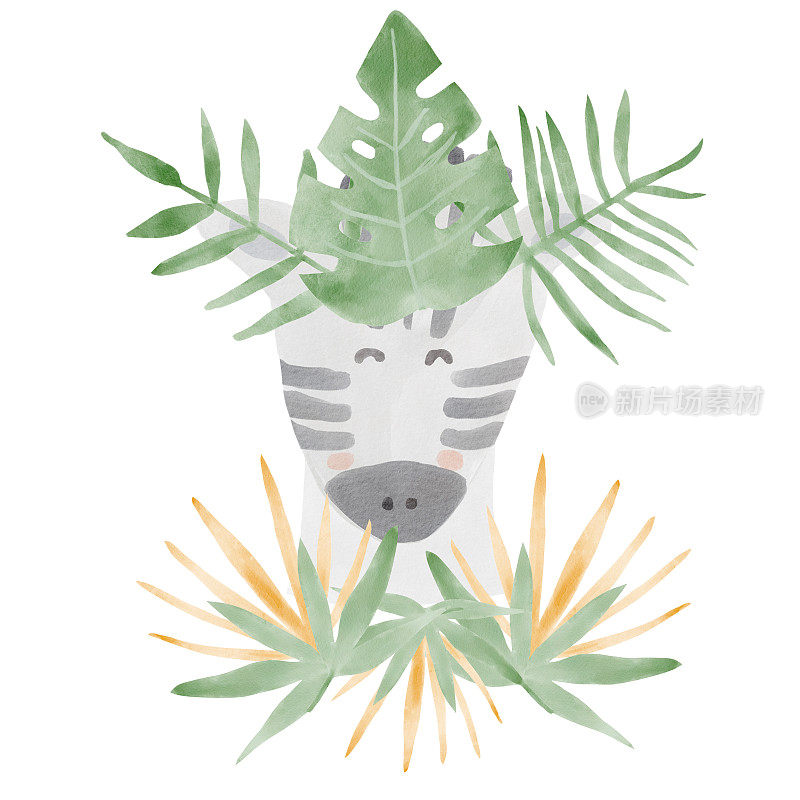 水彩动物脸斑马在丛林热带花环。可爱的卡通非洲狩猎水彩动物。水彩丛林动物。手绘插图孤立的白色背景。