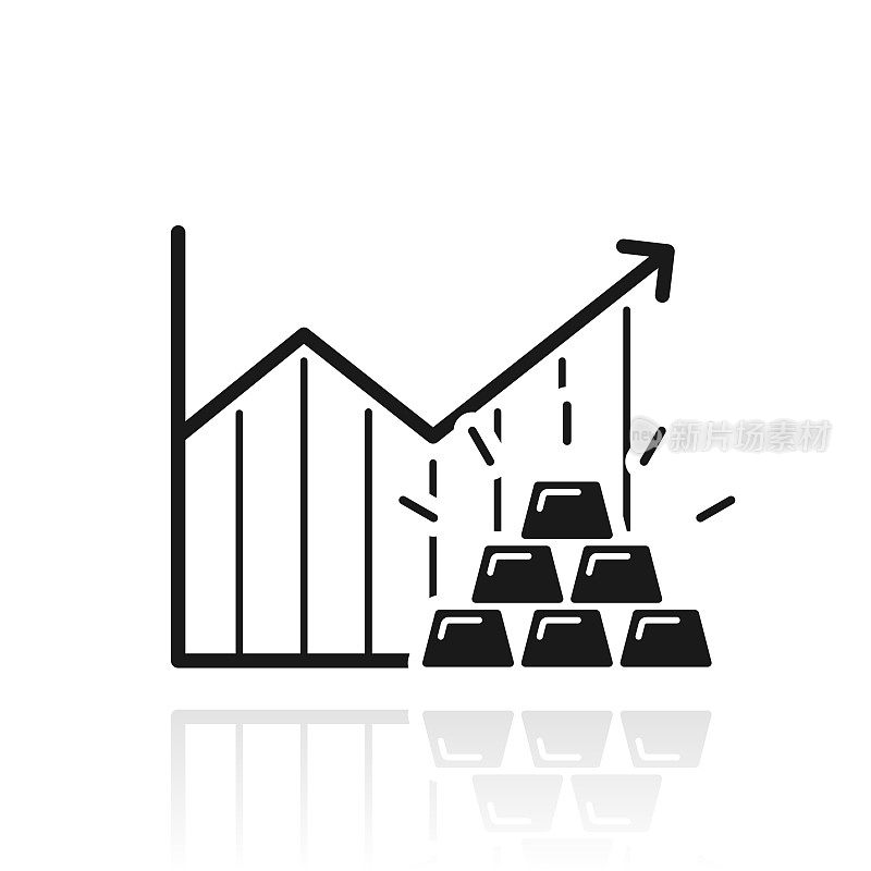 黄金价格上涨图表。白色背景上反射的图标