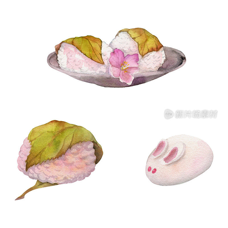 水彩手绘的日本传统糖果。春和，樱花麻糬，大福，樱桃。孤立在白色背景上。设计邀请函，餐厅菜单，贺卡，印刷，纺织