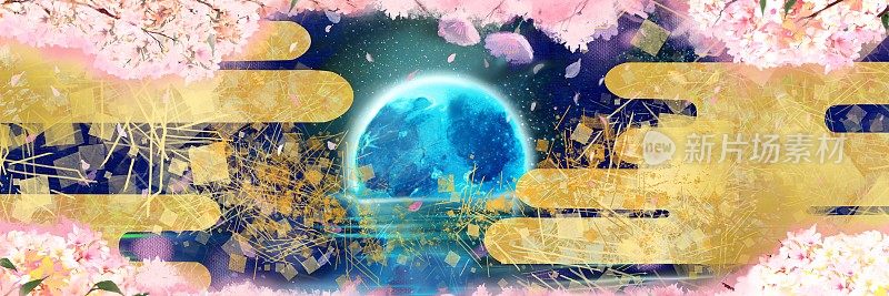 神秘的奇幻景观插图，一个美丽的蓝色满月在海面上，背景是日本金叶云和樱花在夜晚盛开，有一场暴风雪