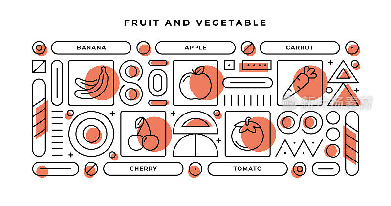 水果和蔬菜信息图表概念与几何形状和香蕉，苹果，胡萝卜，樱桃线图标