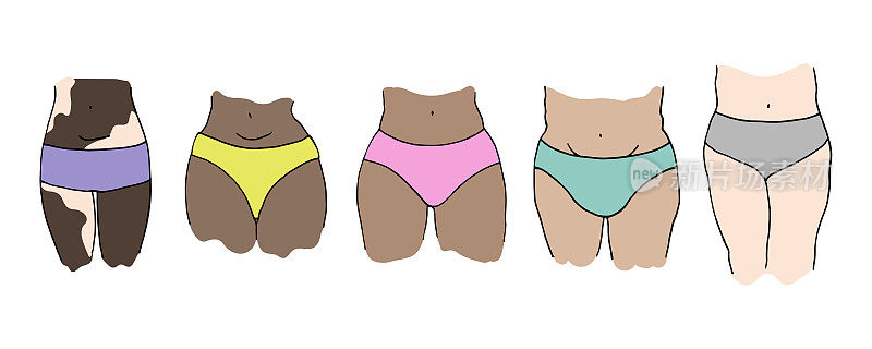 矢量集的女性臀部卡通风格。不同种族不同尺寸的女性臀部概念。包括穿着内裤的女性尸体