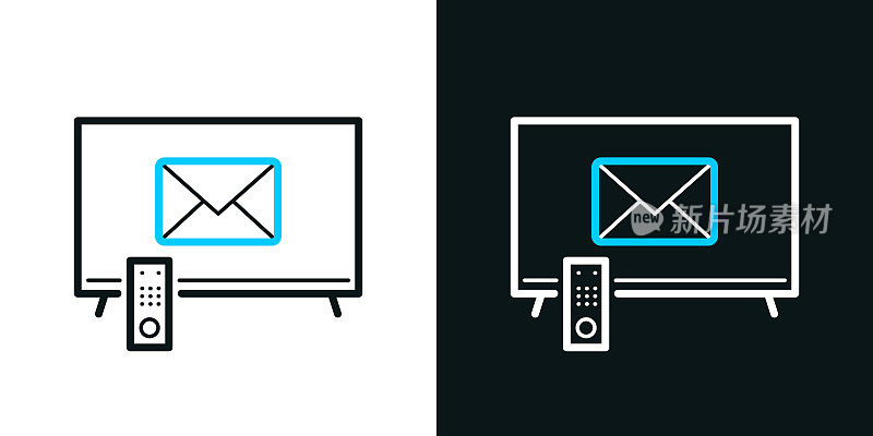 电视和电子邮件信息。黑色或白色背景上的双色线图标-可编辑的笔画